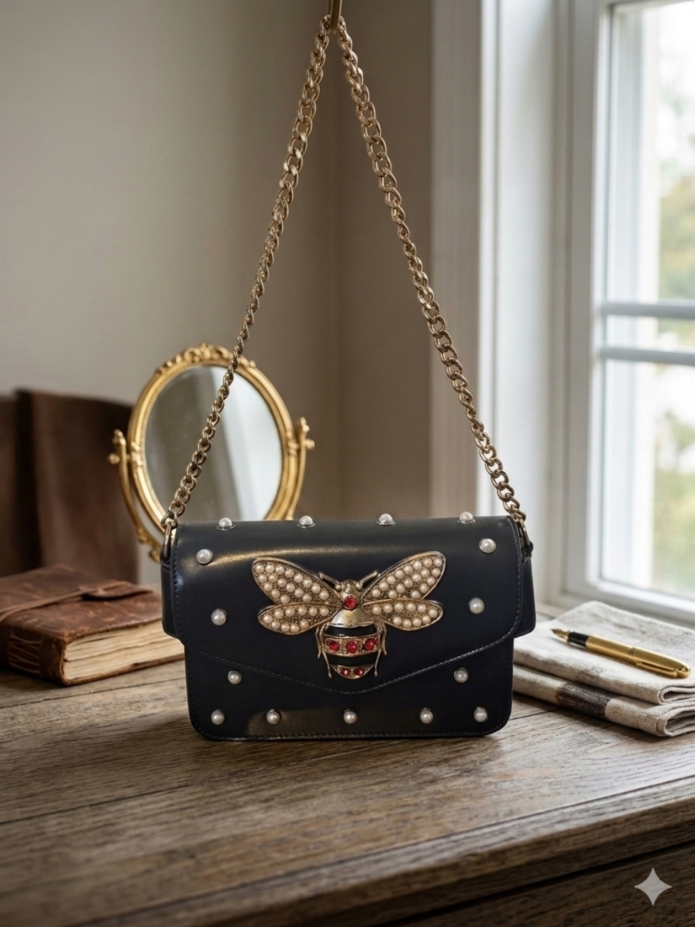 Pearl Studded Bee Crossbody Bag - Elegant Gold Chain Strap True Statement Bag